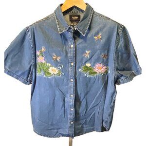 Solutions Original Floral Embroidered Short Sleeve Button Up Denim Top Sz XL